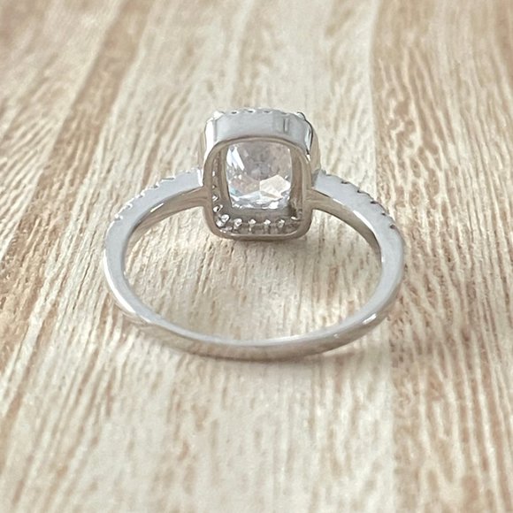 Radiant White Sapphire Halo Ring - Platinum Plated - Picture 3 of 5